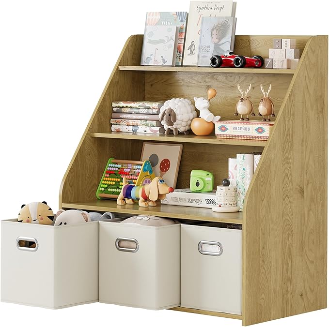 Kids Bookshelf and Toy Organizer, 3-Tier Toy Storage Organizer with 3 Movable Drawers, Montessori Toy Shelf, Nursery Book Shelves Toddler Bookshelf for Kids Room Living Room Nursery