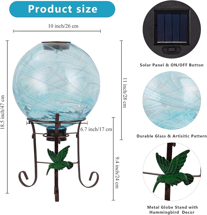 10 Inch Solar Glass Gazing Ball, with 9.4" Tall Metal Gazing Globe Stand, Solar Ball Lights Display Holder Set for Outdoor Garden Lawn Yard Decoration, Blue Water Ripple