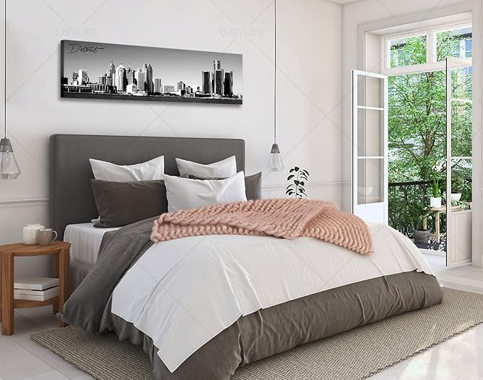 DJSYLIFE Detroit Skyline Wall Art Black and White Canvas Prints USA Skyscraper Panoramic Cityscape Picture for Bedroom Office Home Decoration Ready to Hang 13.8" x 47.3"