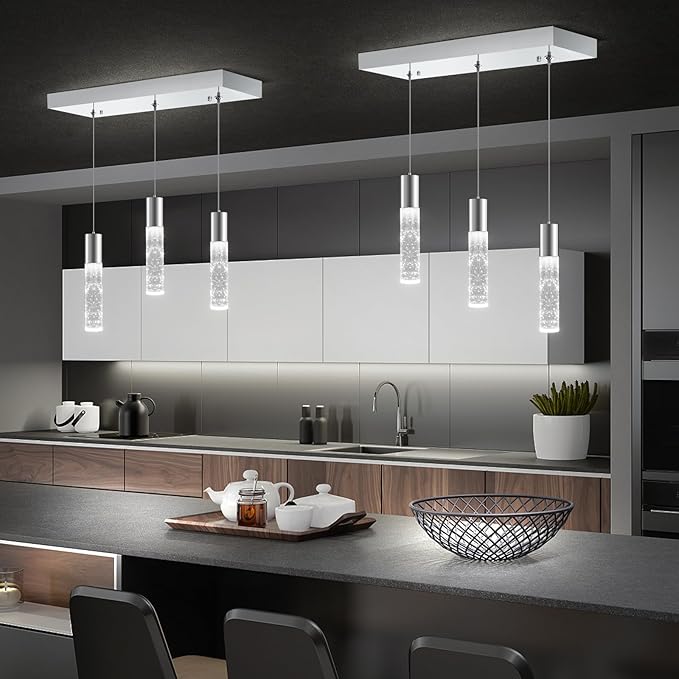 OKELI Smart 3-Light LED Pendant Lighting for Kitchen Island, 18W 1350LM Adjustable 3000K-6000K, Dimmable via TUYA App & Voice Control (Alexa/Google Home), Modern Crystal Bubble Pendant,Chrome Square