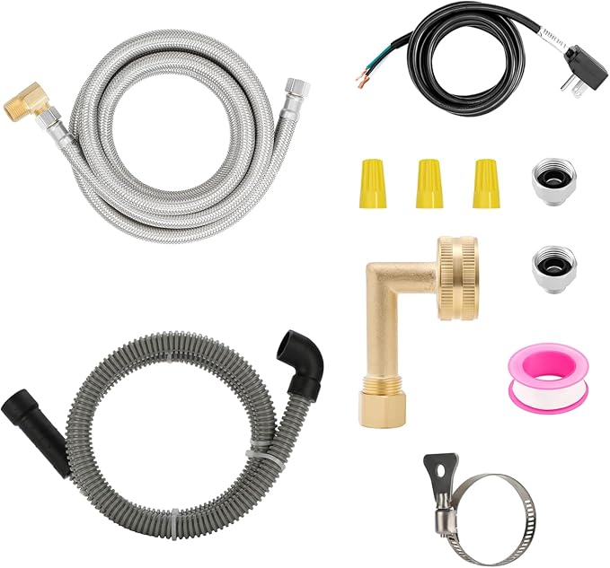 Roastove Universal Dishwasher Installation Kit,6 Ft Stainless Steel Dishwasher Hose,Burst Proof Water Supply Line with 3/8" Compression Connections,With a 6 feet drain hose and a clamp, one set
