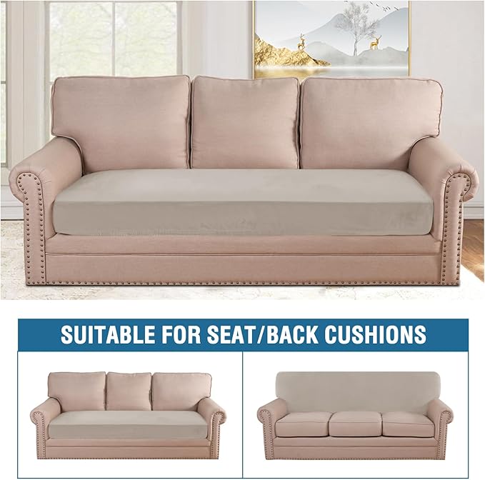 H.VERSAILTEX Velvet Stretch Individual Couch Cushion Cover Plush Cushion Slipcover for Loveseat Sofa Cushion Furniture Protector Seat Cushion Sofa Cover (1 Piece Sofa Cushion Cover, Oatmeal)