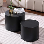 Nesting Coffee Table Set of 2, Modern Round Coffee Table with Non-Slip Feet, Wooden Circle Accent Tables for Small Spaces Living Room Bedroom Balcony Office Drum Side Table (Black)