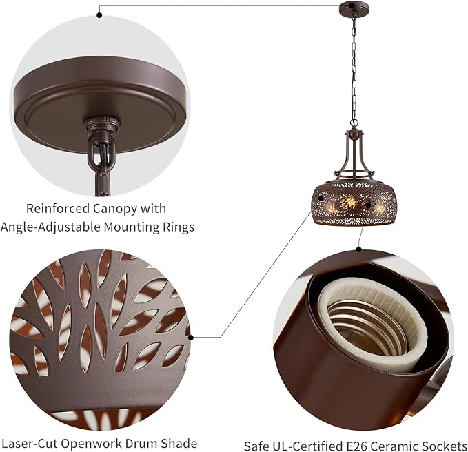 WUZUPS Chandelier Rustic Farmhouse Industrial Round Ceiling Pendant LED Light Fixture with Later-Cut Openwork Drum Shade, H 15.7" x W 13.4", Oil Rubbed Bronze