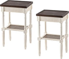 Rustic Farmhouse Cottagecore Accent End Table Set of 2, Distressed Accent Side Table with Espresso Tray Top and Woven Wicker Shelf, Boho, French Country Decor, Square, Weathered Brown & White