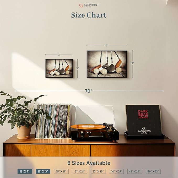 Elephant Stock Golf Sets Wall Art - Horizontal Framed Canvas - 1-Piece Mancave Wall Decor - Photography Sports Canvas Print - Yellow and Brown Decor for Wall - 19" X 13"