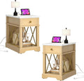 YITAHOME Farmhouse End Table Set of 2, Side Table with Power Outlets, Nightstand with Drawer and Open Storage, Rustic End Table for Living Room, Sleeping Room, Natural Walnut