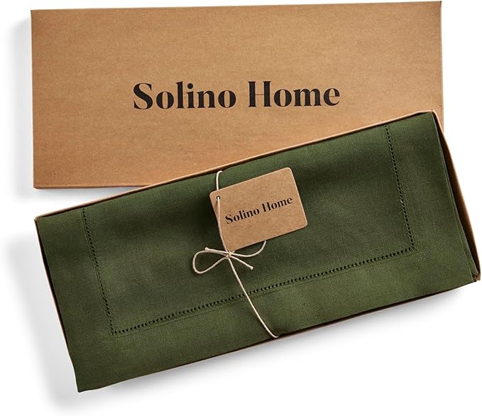 Solino Home Linen Table Runner 48 Inches - 100% Pure Linen Olive Hemstitch Table Runner 14 x 48 Inch Ideal for Dresser and Coffee Tables - Classic Hemstitch - Thanksgiving