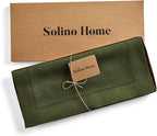 Solino Home Olive Linen Table Runner 156 Inches Long - 100% Pure Linen Classic Hemstitch Table Runner 14 x 156 Inch for Wedding, Parties, Fall, Autumn, Thanksgiving