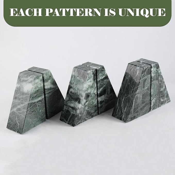 Marble Bookends for Heavy Books, Decorative Bookends for Shelves, Green Stone Book Ends, Heavy-Duty Book Ends for Hardback Book & Cookbooks, Unique Book Stopper & Holder, Set of 2