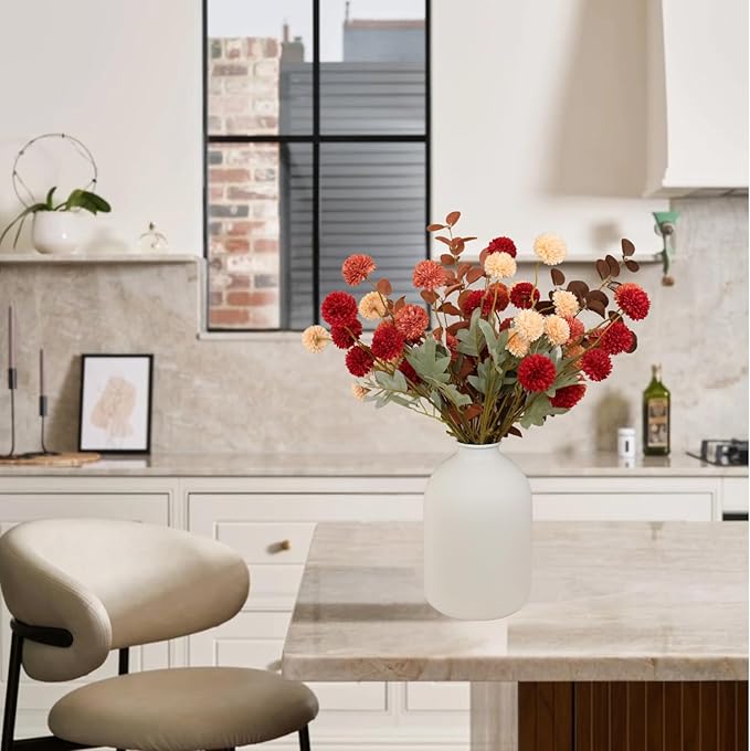 Fall Flowers, Burnt Orange Faux Kiku Flowers Artificial 10 Stems + Eucalyptus, Fake Silk Mums Fall Floral Centerpiece, Autumn Decor, Terracotta Mini Balls Faux Stems For Vase, Decoración de Otoño