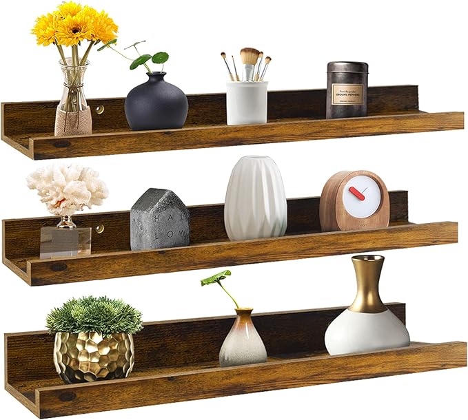 Giftgarden 24 Inch Floating Shelves Wall Mounted Set of 3, Rustic Large Wall Shelves Picture Ledge Shelf for Bedroom Living Room Bathroom Kitchen, 3 Different Sizes