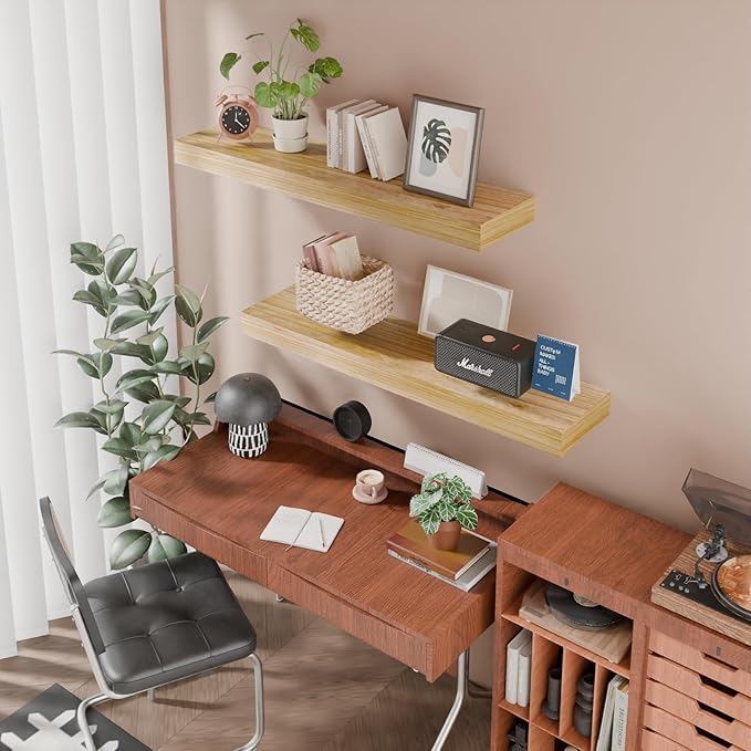 IAE Floating Wall Shelves 24 inch,Bathroom Shelves Wall Mounted,Invisible Shelves Floating Kitchen Shelves,Wooden Wall Shelves with Brackets for Living Room Wall Mounted,Easy Install,Set of 2,Natural