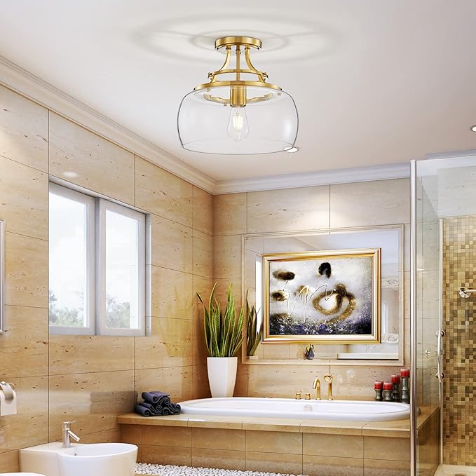 WUZUPS Chandelier Rustic Farmhouse Industrial Round Semi-flushmount Ceiling LED Light Fixture with Clear Glass Shades for Bathroom Kitchen Foyer Entryway, H 11.8" x W 13.4", E26 Base, Brushed Gold