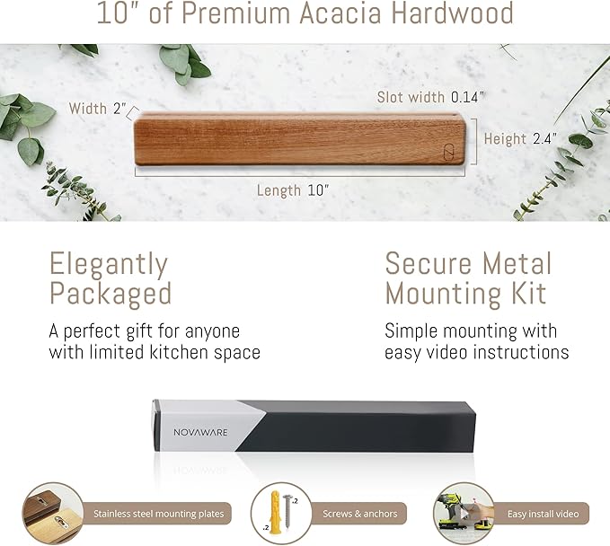 Premium 10 inch Magnetic Knife Holder for Wall with 2x Storage & Charming Wood - Knife Magnetic Strip, Under Cabinet Magnet Knives Storage - Magnet Strip Rack Kitchen Utensil Holder Organizer Tool