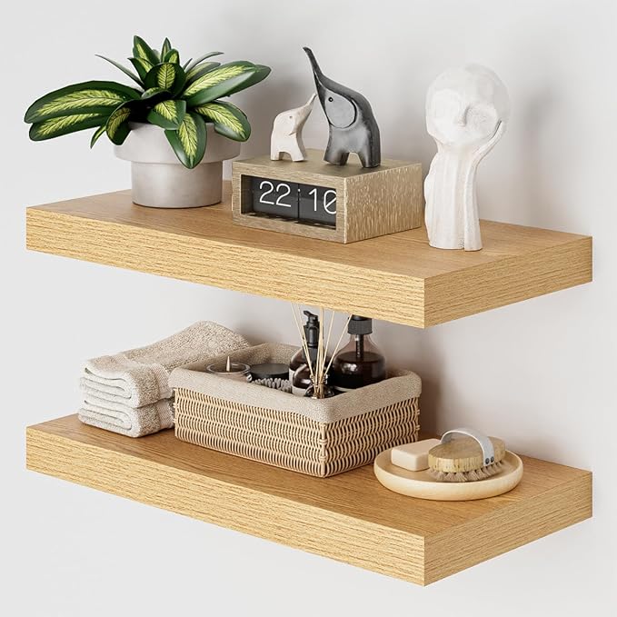 Heimlove 12" Deep Floating Shelves for Wall, 24 Inch Wall Shelf Bathroom Shelves Set of 2, Wall Mounted Shelves for Books Living Room Laundry Room Bedroom Kitchen Home Office, Oak