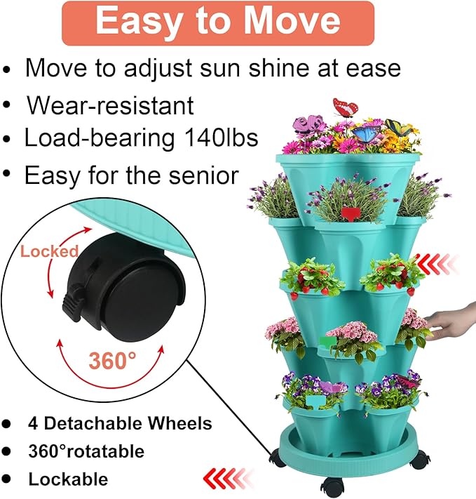 Vertical Planter, 5 Tier Stackable Strawberry Planter with Garden Tool Set, Movable Indoor/Outdoor Garden Herb Pot for Growing Vegetables and Succulents, Teal