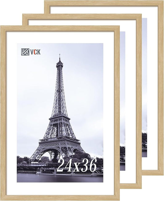 VCK 24x36 Oak Poster Frame 3 Pack, Natural Solid Wood Picture Frames, Wall Mounting Hanging