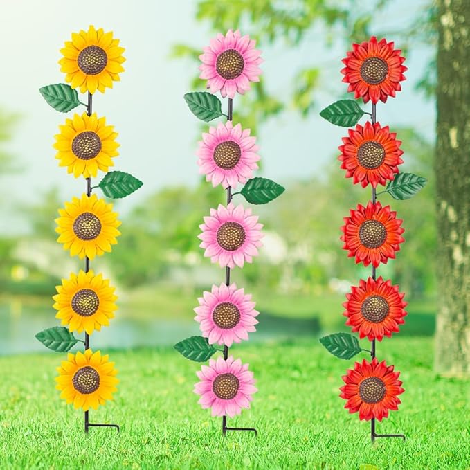3 Pack Sunflowers Garden Stakes Decor,Metal Yard Art Decorative Garden Stakes,Metal Flowers Spring Garden Decor for Outside,Landscape,Patio(22.6 * 4.7IN)