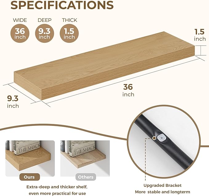 Dreamland 36 Inches Floating Shelves for Wall, 9.3" Deep Long Floating Shelves Set of 2, Large Display & Storage Shelf, Wall Shelf for Bathroom Bedroom Living Room Kitchen Office, Oak