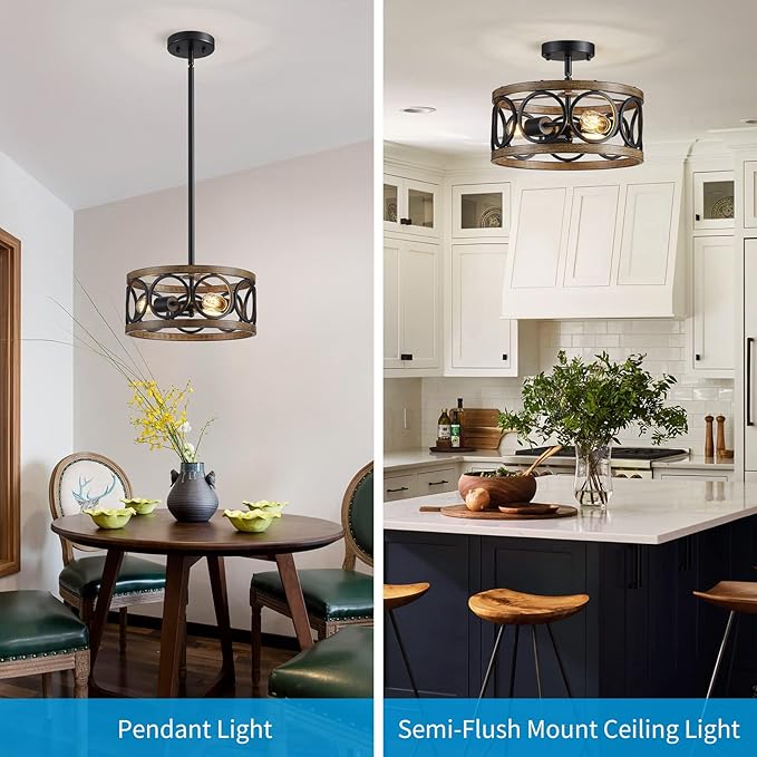 XINGQI Black Ceiling Light Adjustable Height Chandelier Modern Farmhouse Pendant Lighting Fixture Wood Grain Metal 13" Rustic Round Lights for Dining Room Kitchen Bedroom Entryway