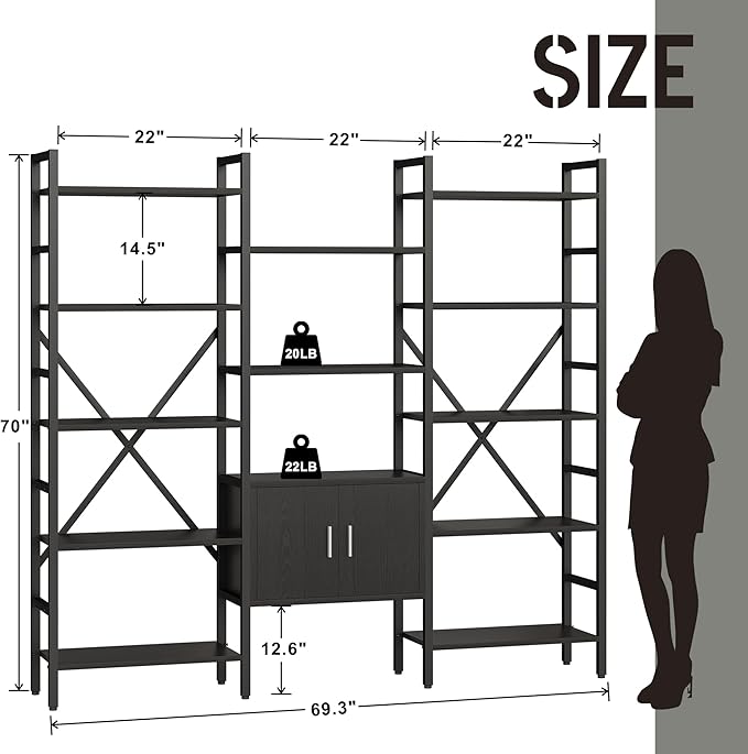 70 x70 Triple 5 Tier Book Shelf, Industrial Large Bookcase with Storage Cabinet, Tall Bookshelf with 14 Open Display Shelves Metal Frame Furniture for Living Room Bedroom Home Office Black