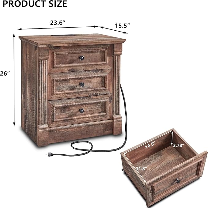 26" Tall Farmhouse Nightstand, 3 Drawers End Table w/Charging Station, 23.6" Wide Large Side Table w/Roman Column, Wood Rustic Sofa Table for Bedroom, Light Brown