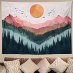 keowhsf Sunset Mountain Forest Tapestry - Large Nature Landscape Wall Hanging, Aesthetic Pine Tree Scenery Wall Art for Bedroom & Living Room Decor