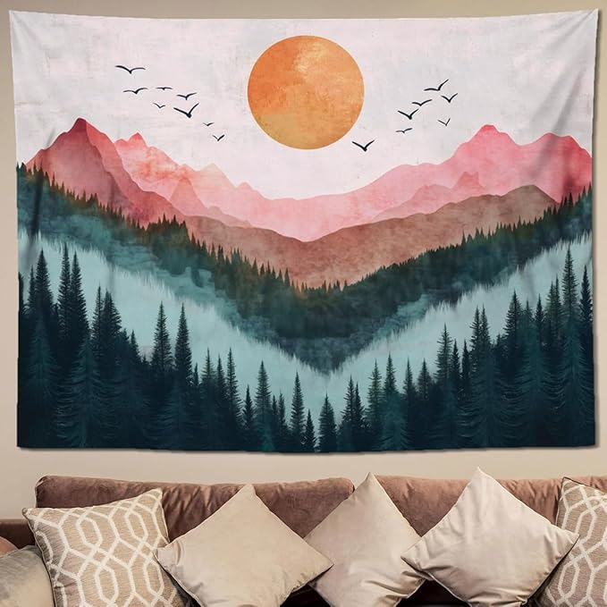 keowhsf Sunset Mountain Forest Tapestry - Large Nature Landscape Wall Hanging, Aesthetic Pine Tree Scenery Wall Art for Bedroom & Living Room Decor