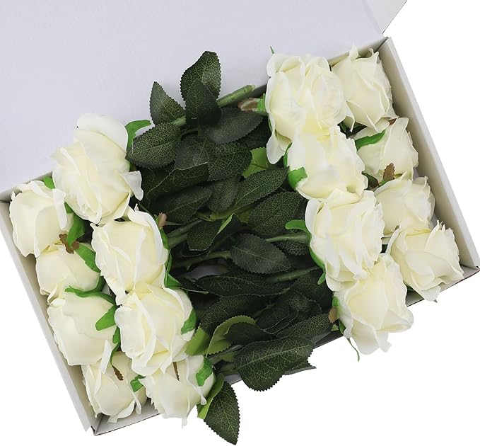 White Fake Roses Artificial Flowers - 16 Pcs Fake Artificial Roses Silk Flowers with Stems for Home Wedding Hotel Office Centerpiece Decor