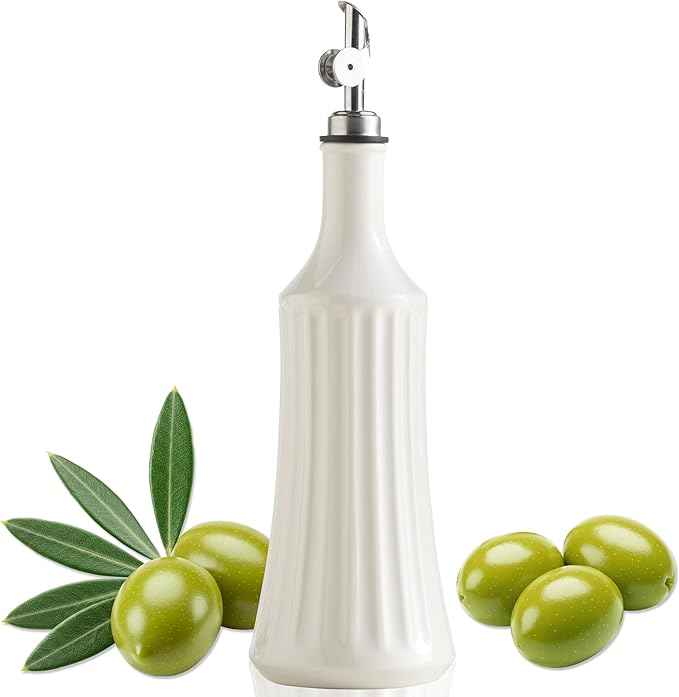 LYEOBOH Olive Oil Dispenser Bottle, Oil Dispenser for Kitchen, Ceramic Cooking Vinegar Dispensing Bottles with Spout, White