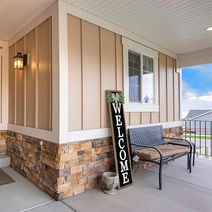 Surfapans Welcome Sign for Front porch Standing 45"X9"Large Wood Frame Outdoor Tall Welcome Signs Vertical Decor for Farmhouse Rustic Home Modern Outside Front Door Wall Decorations (Wood Black)