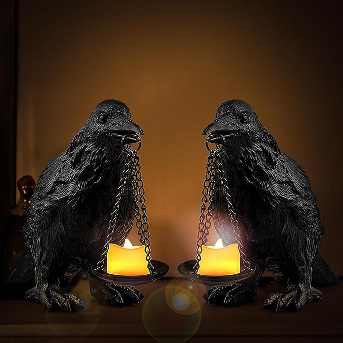 Raven Gothic Home Decor Fake Crow Light Holder Raven Lamp Tealight Candle Holder Resin Raven Statue 2PCS