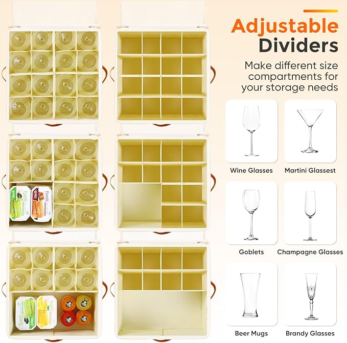 Wine Glass Storage Box with Dividers, 2 Pack Glassware Storage Containers, Stemware Storage Cases Holds 32 Wine Glasses, Stackable Crystal Storage Containers with Clear Cover for Moving，Beige