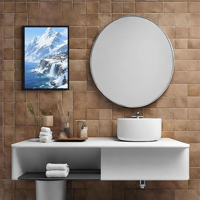 Winter lakeside town and snowy scenery merge together to form a landscape poster wall art suitable for living room bedroom and office