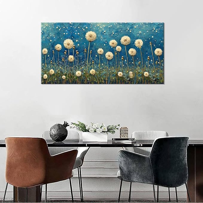 LASMOND Teal Dandelion Wall Art for Living Room Abstract Blowball Canvas Painting Prints Large Flower Floral Grassland Bedroom Decoration Modern Artwork Decor (40x20 Inches)