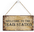 SENJIAN Rustic Train Station Wood Decor Sign, Retro Welcome to the Train Station Printed Wood Sign Wall Art, Hanging Door Sign, Decorative Wood Sign Home Decor 12" x 6"
