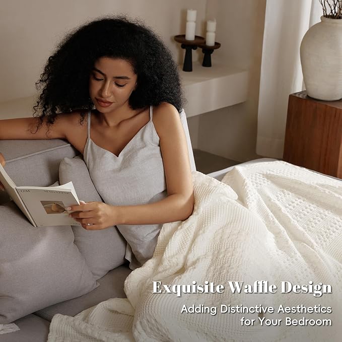 PHF 100% Cotton Waffle Weave Blanket Twin Size, Soft Lightweight Breathable Cozy Summer Blankets for Bed, Luxury Aesthetic Woven Bedding for Home Decor, 66"x90", Ivory