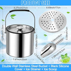 meekoo 4 L Double Wall Insulated Stainless Steel Ice Bucket with Lid, Scoop, Strainer, Handle Large Wine Ice Bucket Upgraded Cover Keep Frozen Longer for Cocktail Bar Parties(Silver)