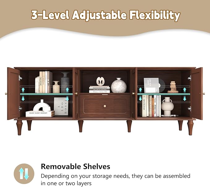 ARTPOWER 67'' Mid-Century Modern TV Stand with Storage Drawer and Doors, Long TV Stand with Adjustable Shelves for 75 Inch TV for Living Room, Bedroom, Brown