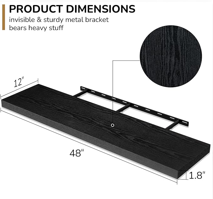 Fun Memories Floating Shelves - 12 Inch Rustic Wooden Wall Shelves - Extra Deeper & Thicker Wall Mounted Storage Shelf for Living Room, Kitchen, Farmhouse - 48" W x 12" D x 1.8" H - Rustic Black