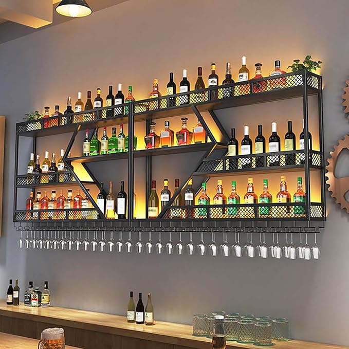 Wall Mounted Wine Rack with Glass Holder, 3-Tier Metal Storage Shelf, Black Diamond Design, Wine Bottle Display with Stemware Storage (Black, 47.24in/Right)