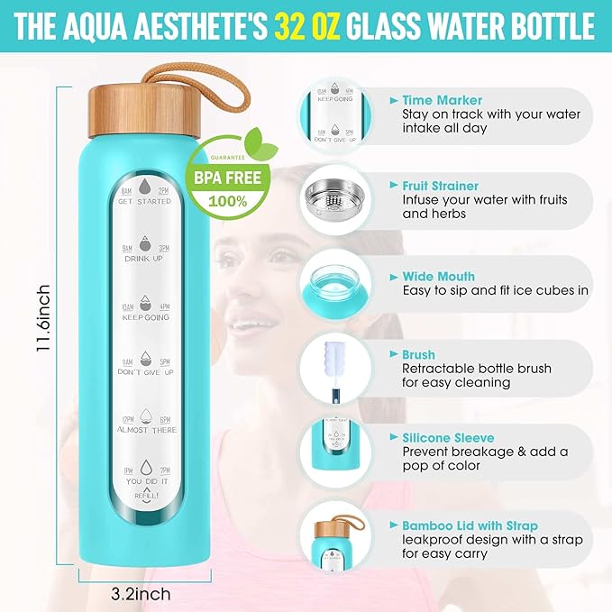Aqulea Glass Water Bottles 32 Oz with Silicone Sleeve - BPA Free Reusable Wide Mouth Glass Motivational Water Bottles with Fruit Infuser – Leak Proof Borosilicate Water Bottle with Time Marker (Teal)