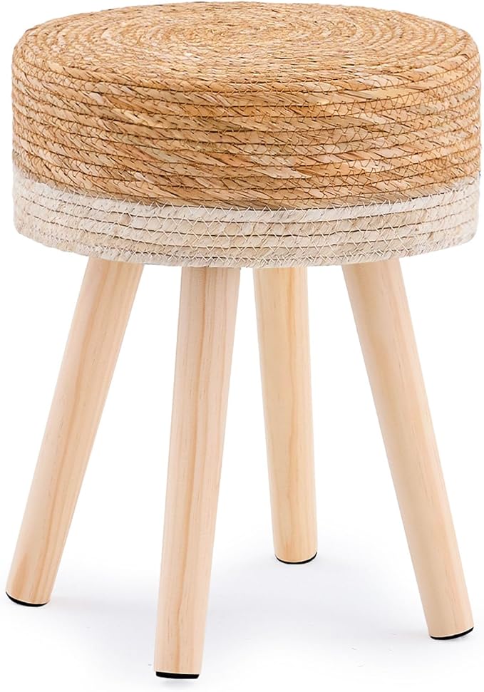 Handwoven Outdoor Ottoman, Water Hyacinth Pouf Round Patio Footstool with Wood Legs, 17-Inch Multipurpose Vanity Stool, Dining Chair, Patio Footrest for Balcony and Garden, White