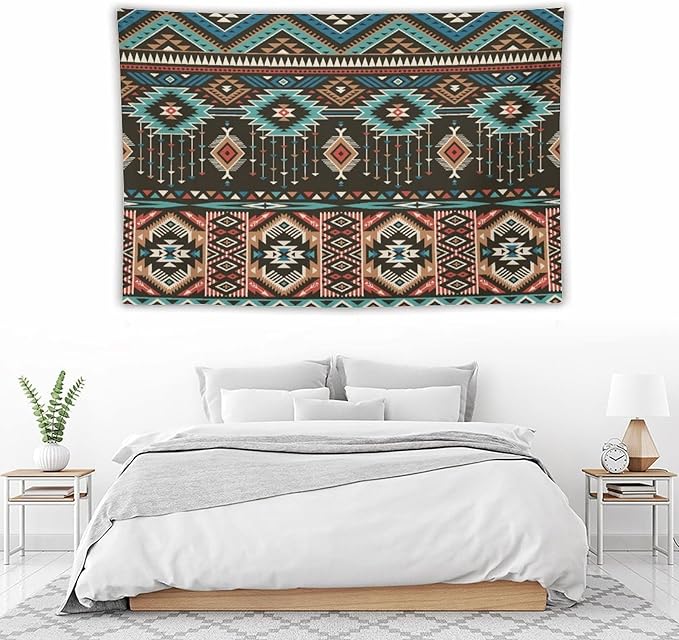 HZOHNAGO Aztec Tapestry Turquoise Blue and Brown and Native American Tribal Pattern Printed Wall Tapestry Wall Hanging for Bedroom Living Room Dorm 90" W x 60" H
