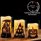 Wondise Halloween Flameless Flickering Candles with 6 Hour Timer, Battery Operated Real Wax Halloween Candles Set of 3 Halloween Decoration Grim Reaper, Haunted House, Pumpkin (3 x 4 5 6 Inch)