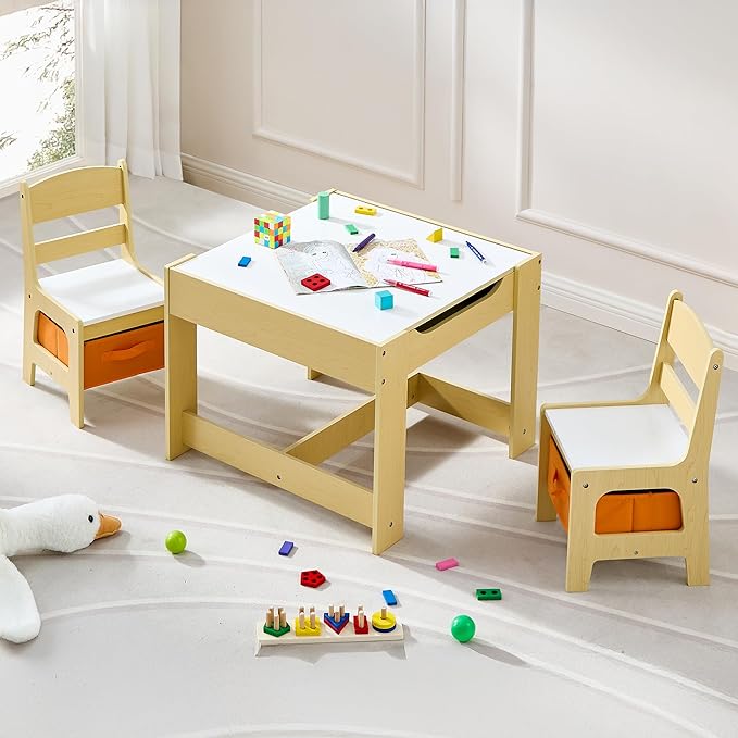 Kids Table and Chair Set, 3 in 1 Wooden Activity Table with Detachable Tabletop, Toddler Table and Chair Set with Storage Drawer, Kids Play Table for Children Art, Craft, Eating, Learning