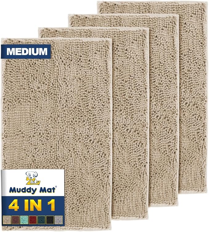 Muddy Mat® 4-Piece Beige Medium 30"X19" AS-SEEN-ON-TV Highly Absorbent Microfiber Door Mat, Bath Mat and Pet Rug, Non slip Thick Washable, Soft Chenille for Kitchen Bathroom Bedroom Indoor and Outdoor