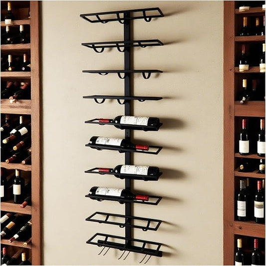 10 Bottle Wall Mount Wine Rack with Wine Glass Holder, Metal Wine Wall Rack, Wall Racks for Wine Bottles Display and Storage, Hanging Bottle Organizer for Living Dining Room Wine Cellar Bar (Black)