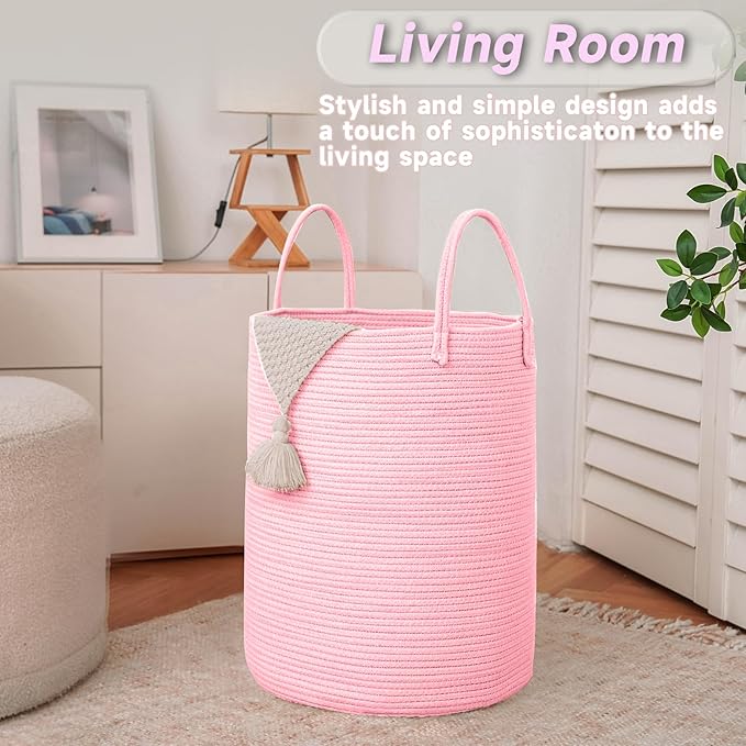 Large Woven Laundry Basket Hamper,100L Cotton Rope Storage Bin for Blankets,Toys and Clothes,Decorative Tall Nursery Hamper for Living Room,Baby Nursery,Bathroom and Bedroom,Pink